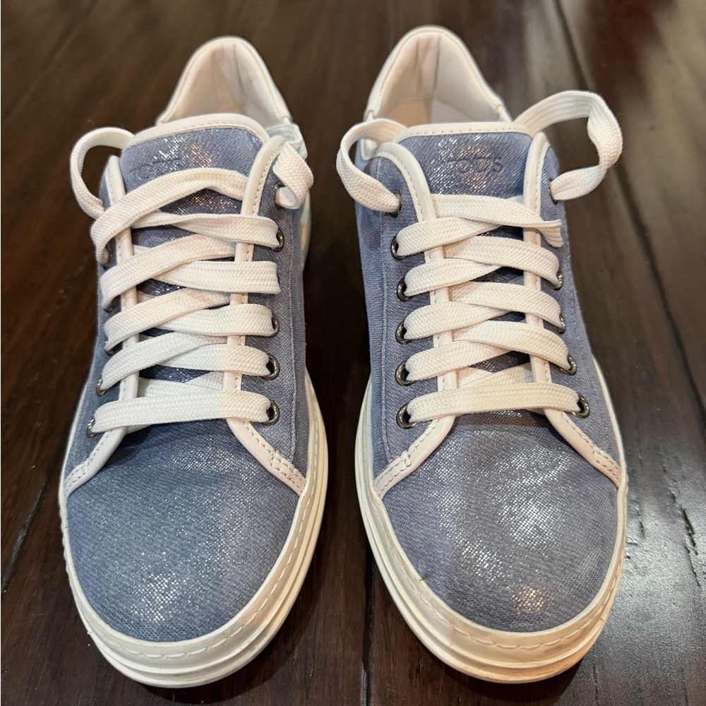 Tod’s Blue Glitter Suede Low Top Sneakers with White Laces 37.5